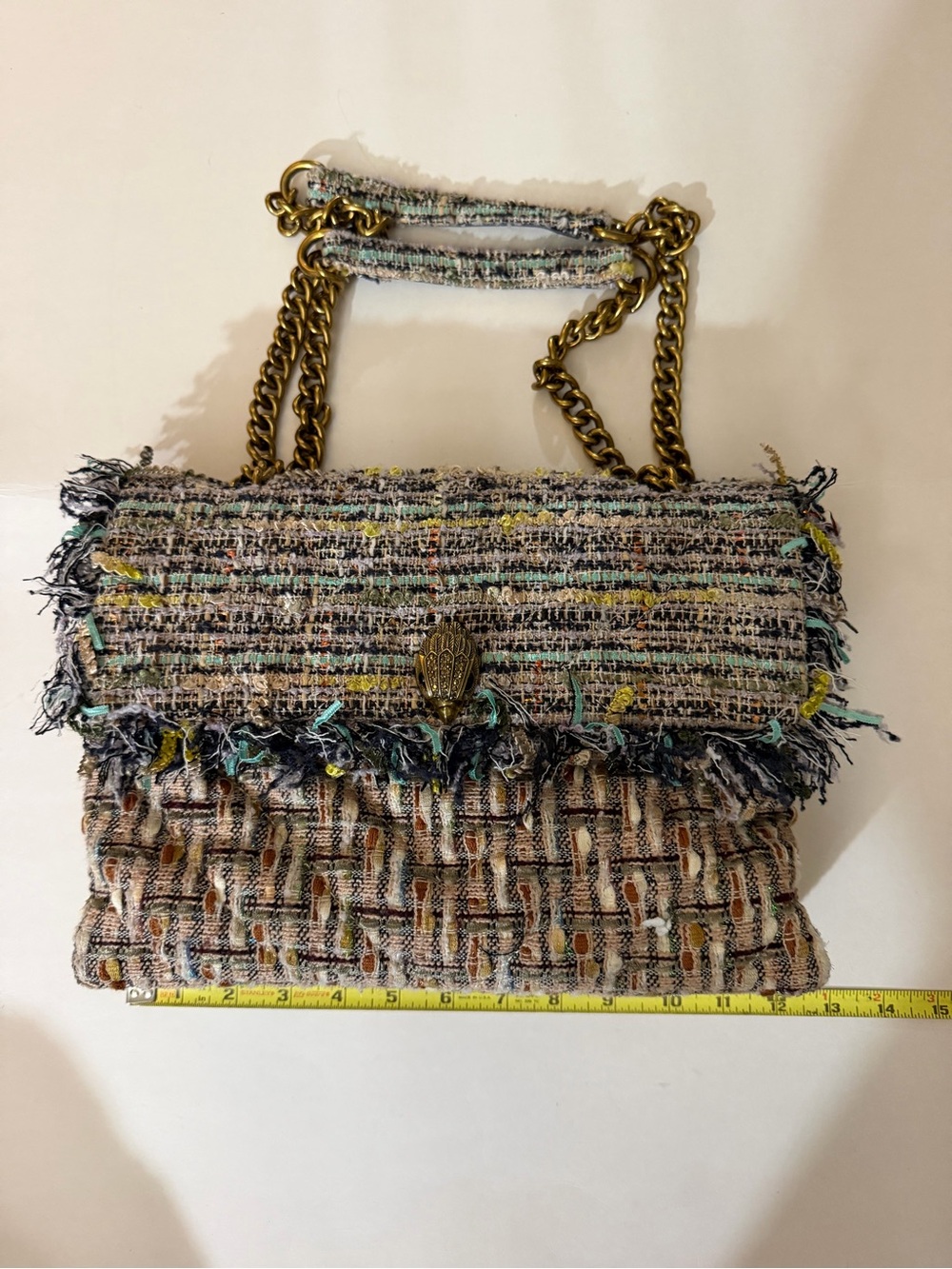 Kurt Geiger Tweed Fringe Shoulder Bag in Multi-Color with Antique Gold Chain